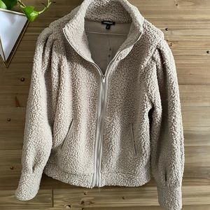 Express stylish zip up faux feather fleece jacket